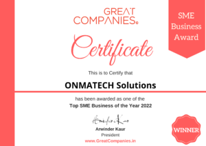 ONMATECH Solutions - Award Winner Certificate 2022